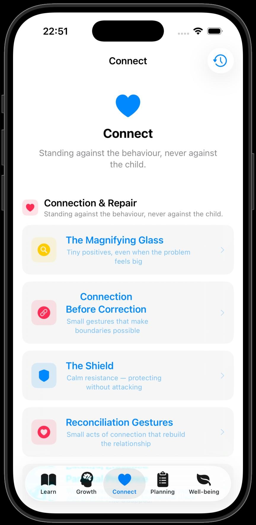 Connect tab with the magnifying glass, connection before correction, the shield and reconciliation gestures
