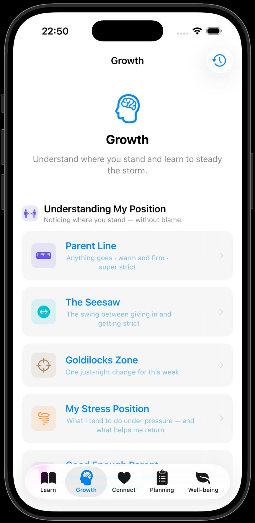 Growth tab with the parent line, the seesaw, the goldilocks zone and stress position tools
