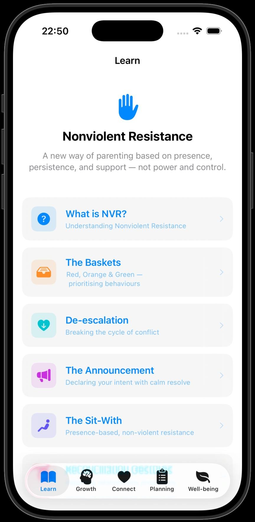 Learn tab introducing NVR parenting with lessons on the baskets, de-escalation and the announcement
