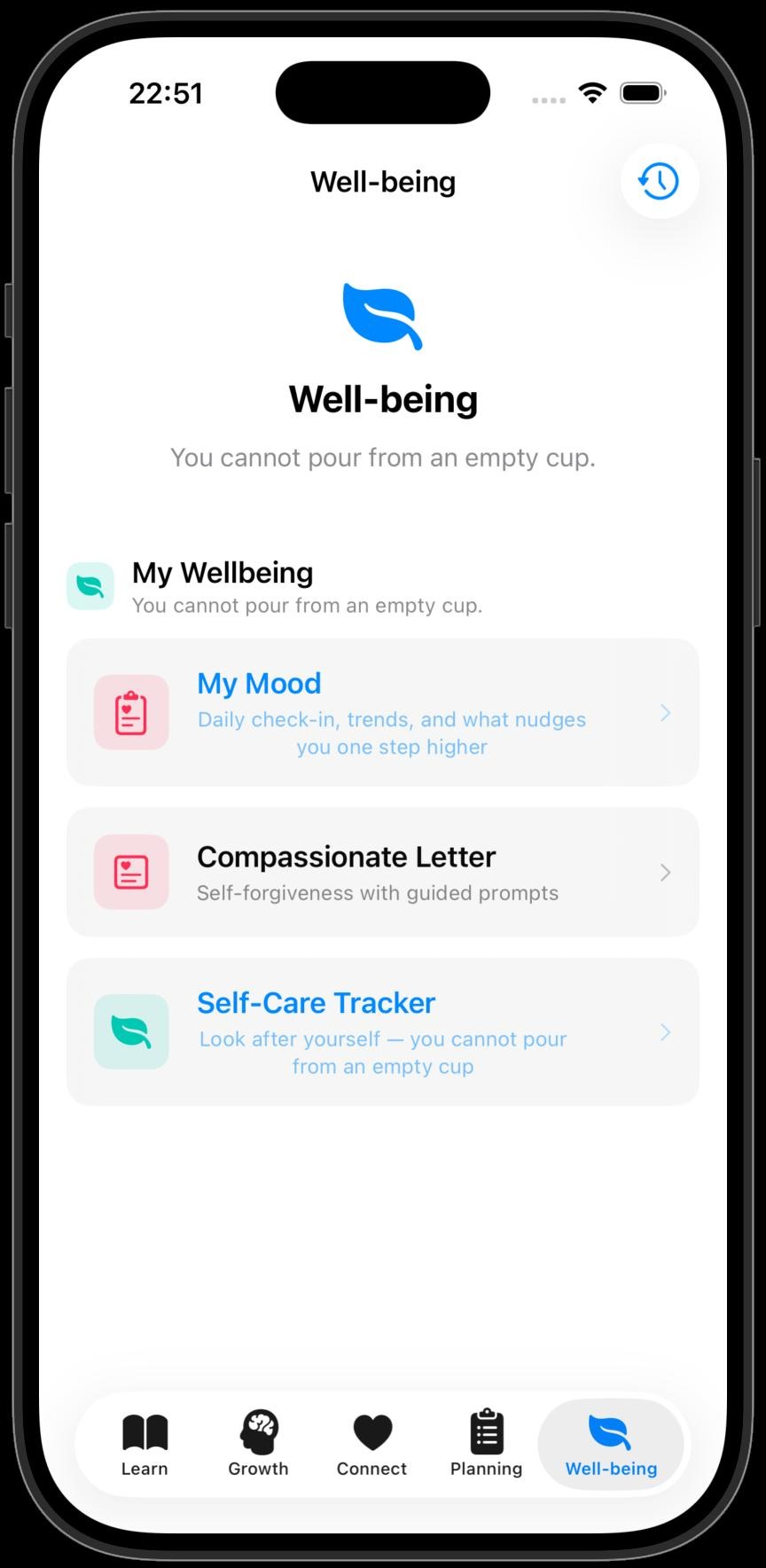 Well-being tab with mood check-ins, a compassionate letter and a self-care tracker